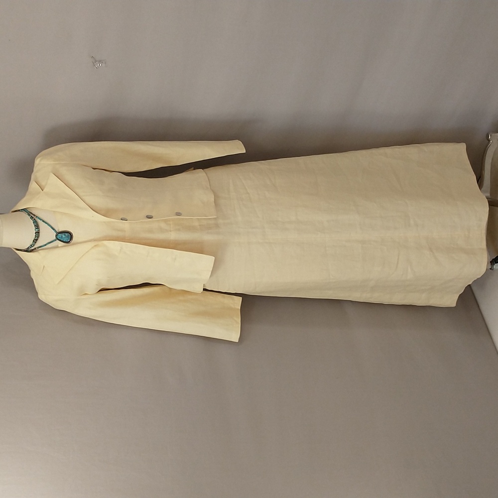 100% French Linen Designer Dress Jacket Set Pale Yellow Paris Elegant Classic